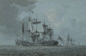 到着を待たなければならない人と戦争の傍らに来る海軍大将のヨット。向こうに他の船が並んでいる（紙の上に白いチョークでペンとインクが高まっている）
